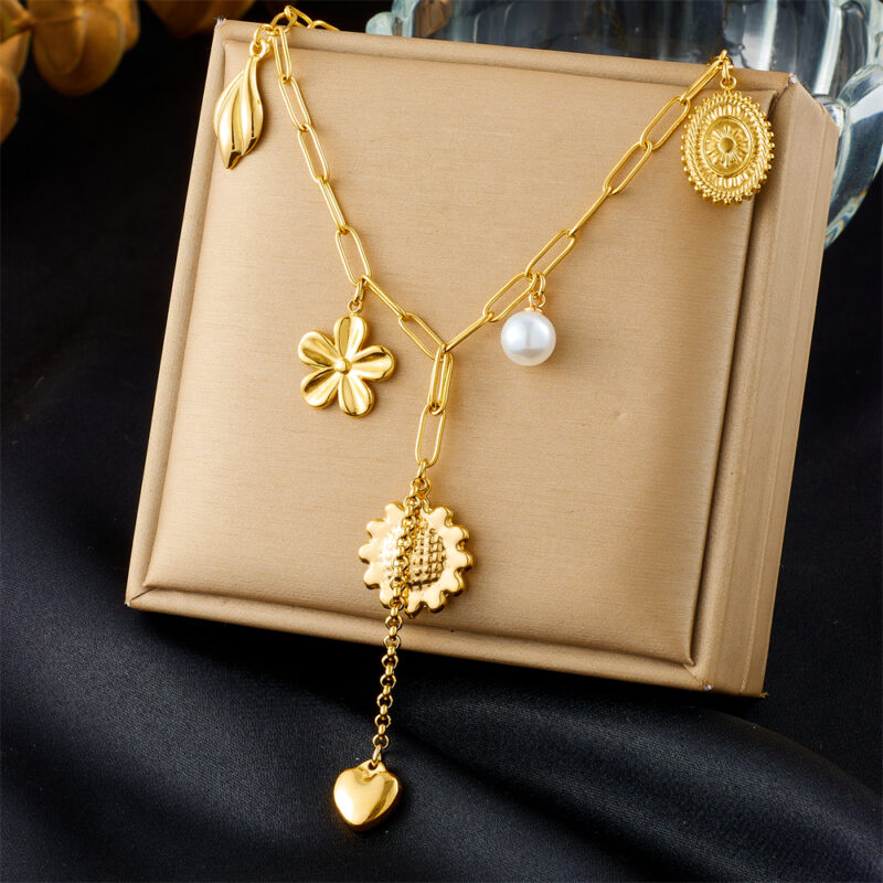 Golden Sunflower Pearl Heart Pendant Necklace - Image 3