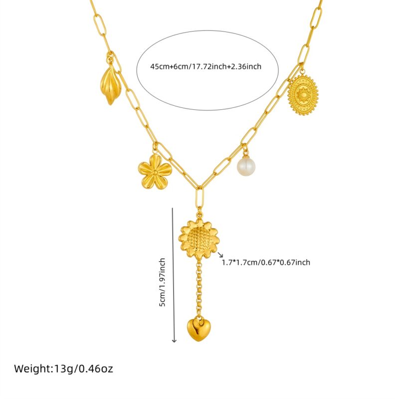 Golden Sunflower Pearl Heart Pendant Necklace - Image 6