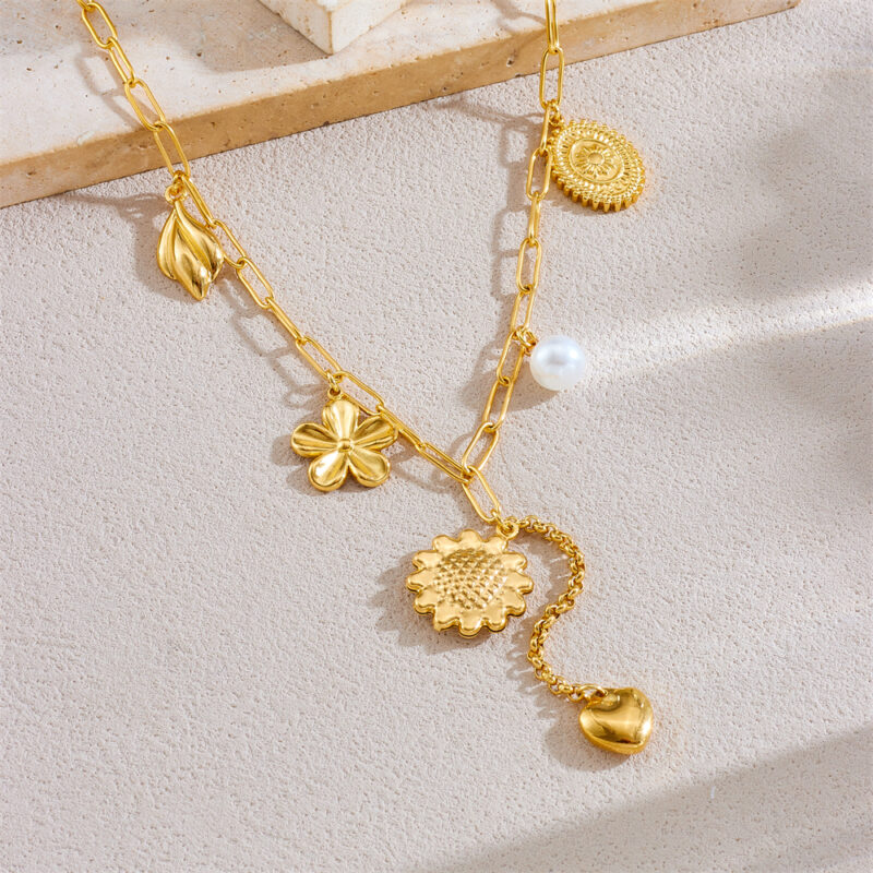 Golden Sunflower Pearl Heart Pendant Necklace - Image 4
