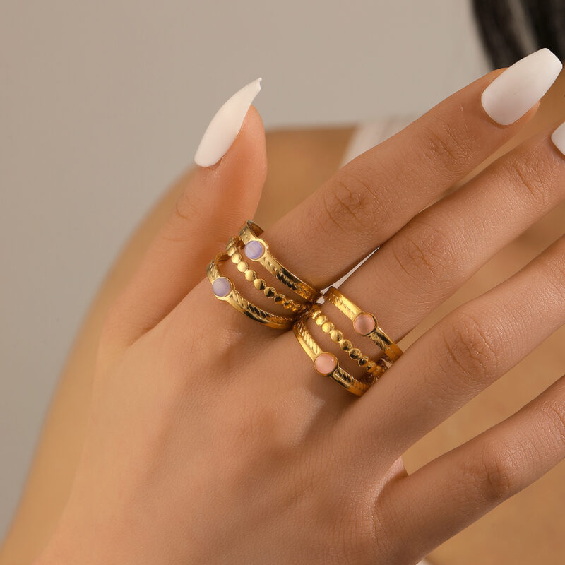 Adjustable 18K Gold Plated Stainless Steel Ring with Natural Stone - Image 2