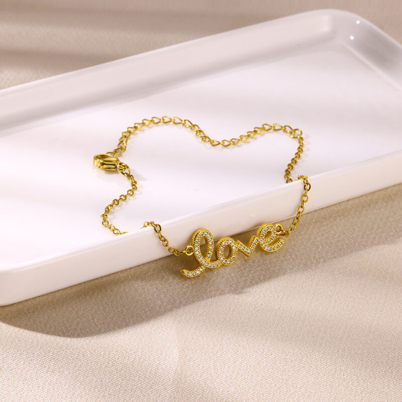 Gold Stainless Steel Letter Pendant Bracelet - Trendy Zircon Charm - Image 3