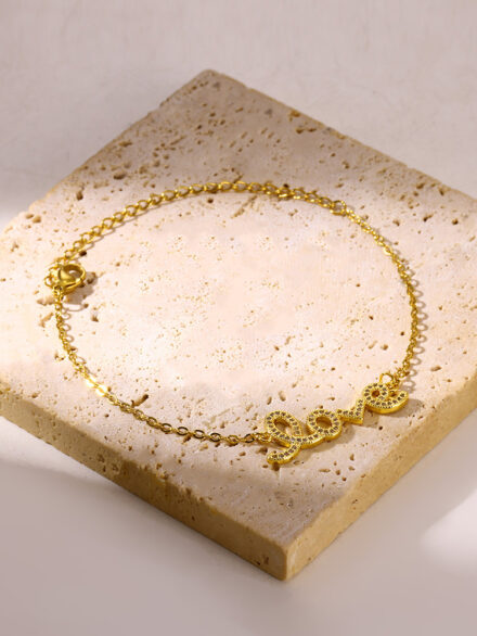 Gold Stainless Steel Letter Pendant Bracelet - Trendy Zircon Charm