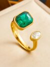Adjustable Green Zircon Cocktail Ring for Women – 18K Gold Plated Trendy Jewelry