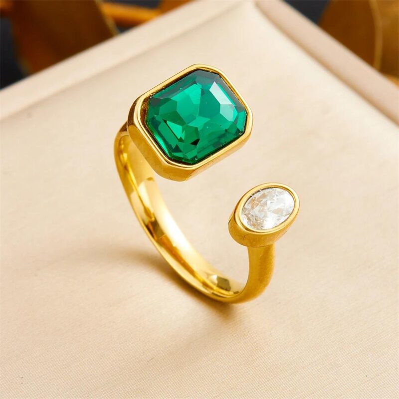 Adjustable Green Zircon Cocktail Ring for Women – 18K Gold Plated Trendy Jewelry