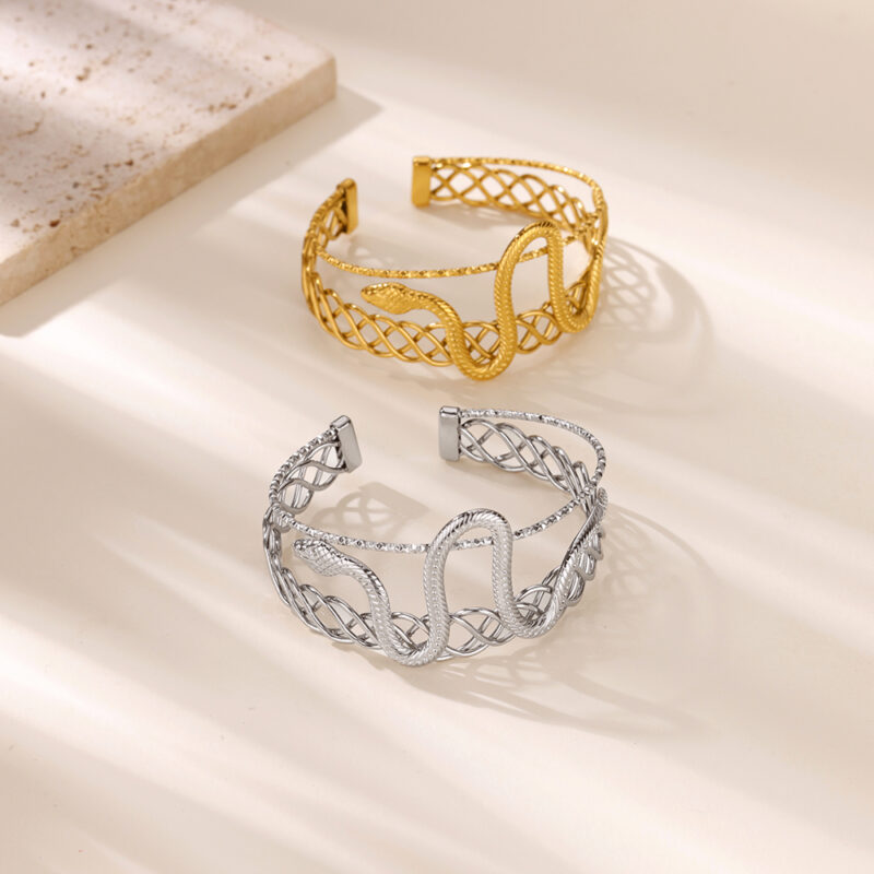 Gold Stainless Steel Snake Cuff Bangle – Vintage Geometric Animal Jewelry - Image 6
