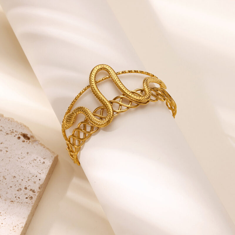 Gold Stainless Steel Snake Cuff Bangle – Vintage Geometric Animal Jewelry - Image 4