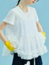 Women's White Mesh Splice Shoulder Tee - Summer Casual Loose Fit Top