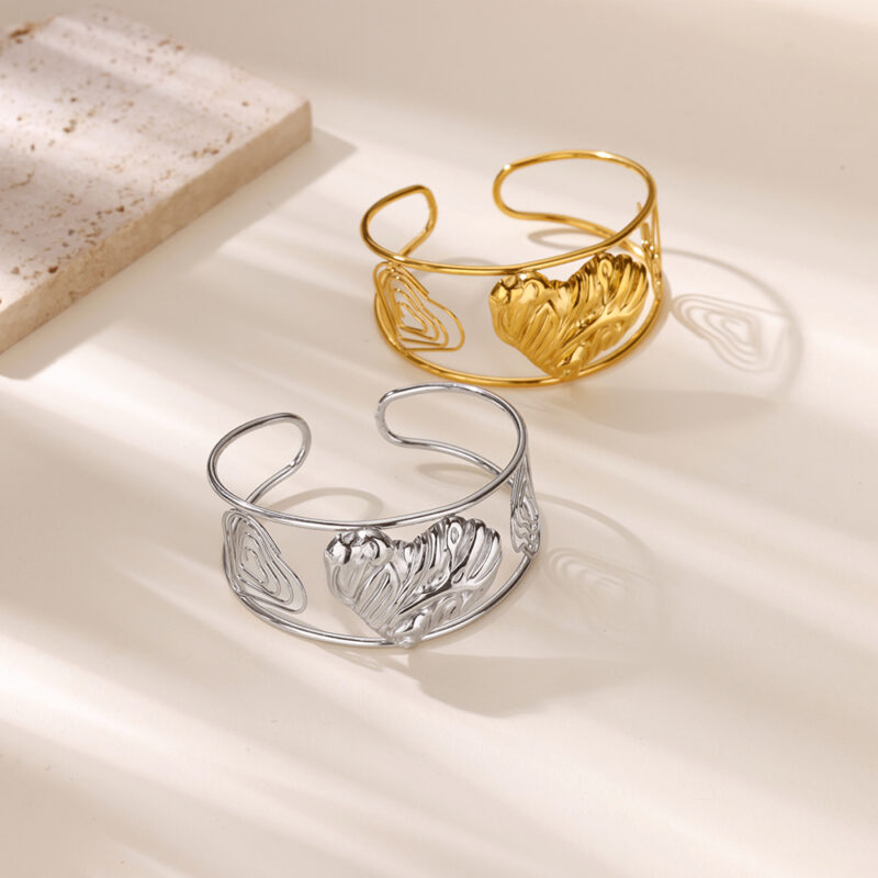Gold Geometric Heart Cuff Bangle – Waterproof Stainless Steel - Image 6