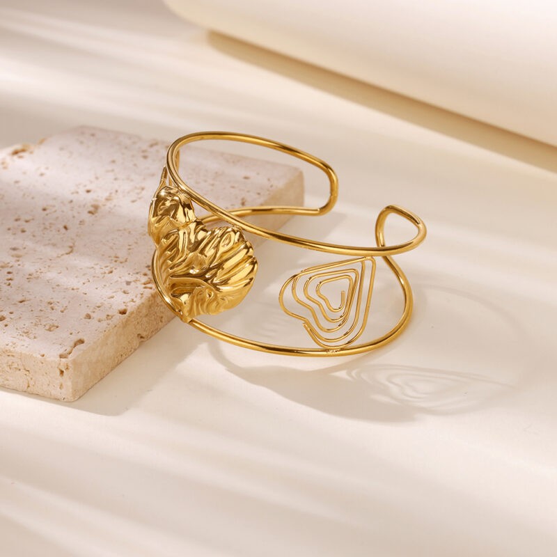 Gold Geometric Heart Cuff Bangle – Waterproof Stainless Steel - Image 3