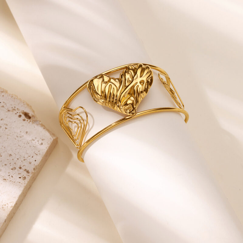 Gold Geometric Heart Cuff Bangle – Waterproof Stainless Steel - Image 4