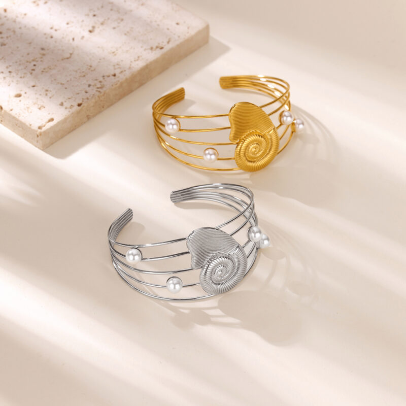 Gold Conch Shell Pearl Cuff Bracelet – Waterproof Vintage Bangle - Image 5