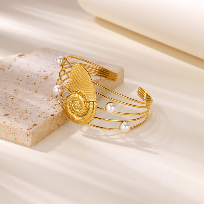 Gold Conch Shell Pearl Cuff Bracelet – Waterproof Vintage Bangle - Image 3