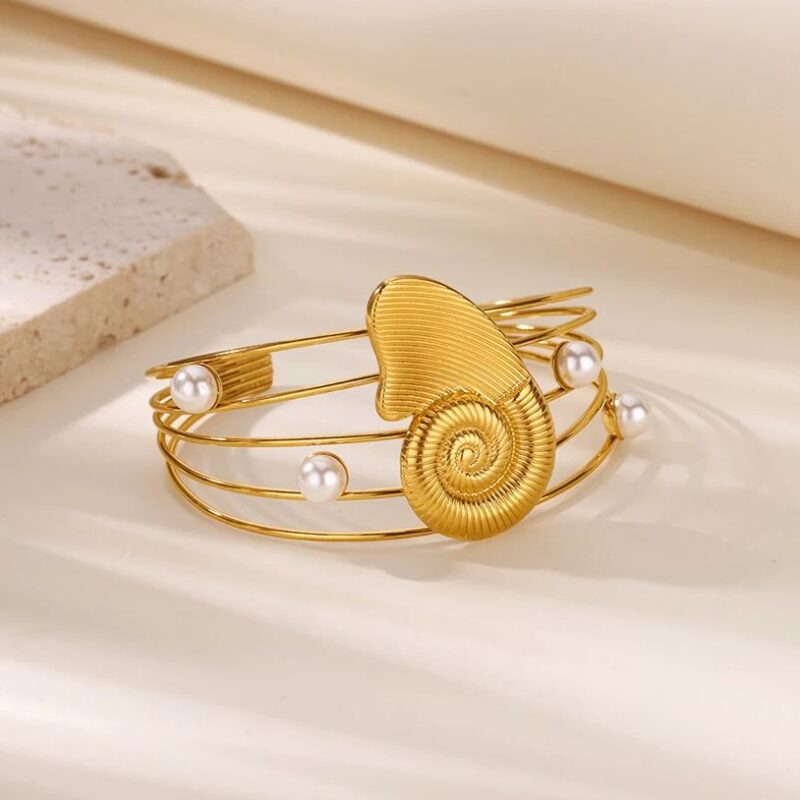 Gold Conch Shell Pearl Cuff Bracelet – Waterproof Vintage Bangle