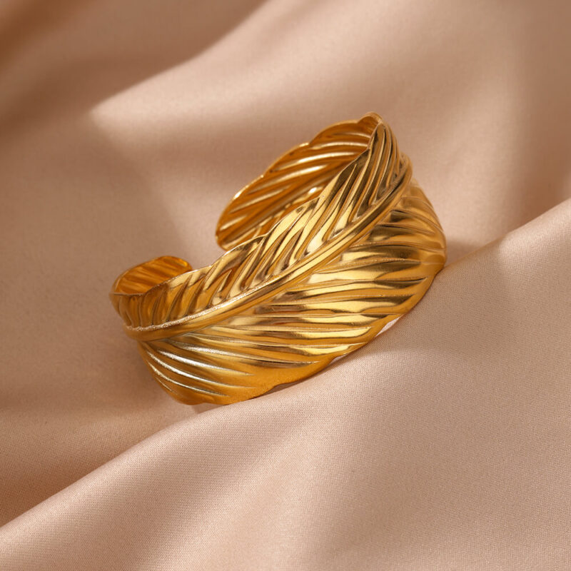 Gold Feather Open Cuff Bracelet – Stainless Steel Bangle - Image 3