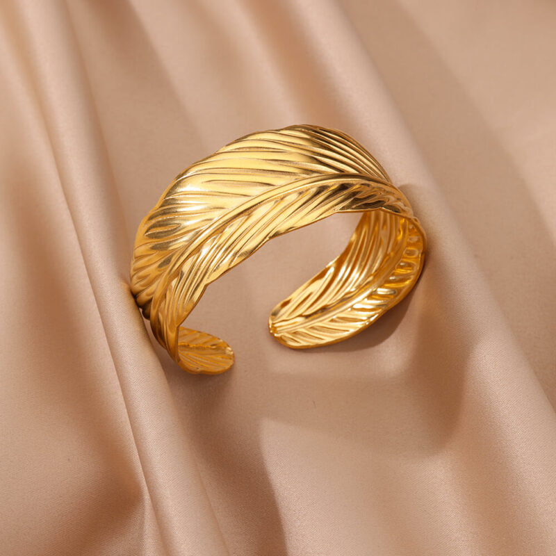 Gold Feather Open Cuff Bracelet – Stainless Steel Bangle