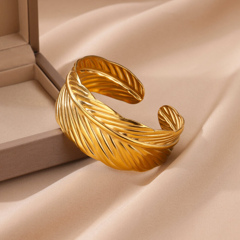 Gold Feather Open Cuff Bracelet – Stainless Steel Bangle - Image 4