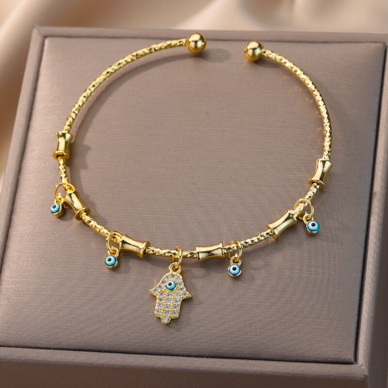 Gold Evil Eye & Fatima Hand Adjustable Cuff Bracelet – Turkish Luxury Jewelry - Image 3