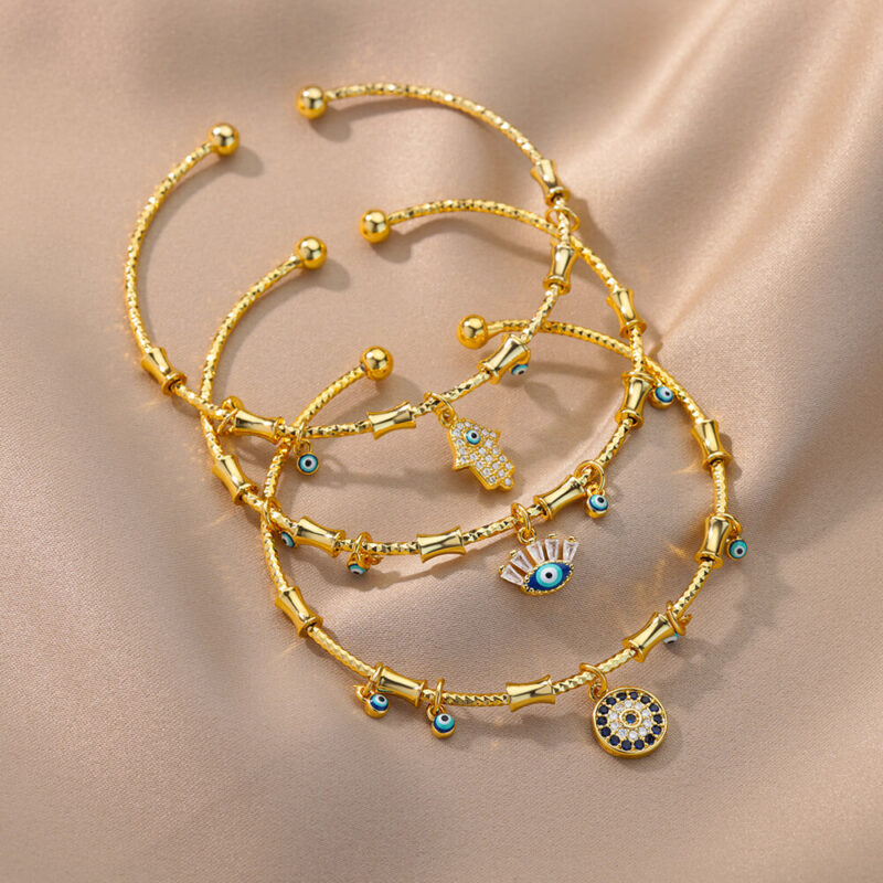 Gold Evil Eye & Fatima Hand Adjustable Cuff Bracelet – Turkish Luxury Jewelry - Image 7