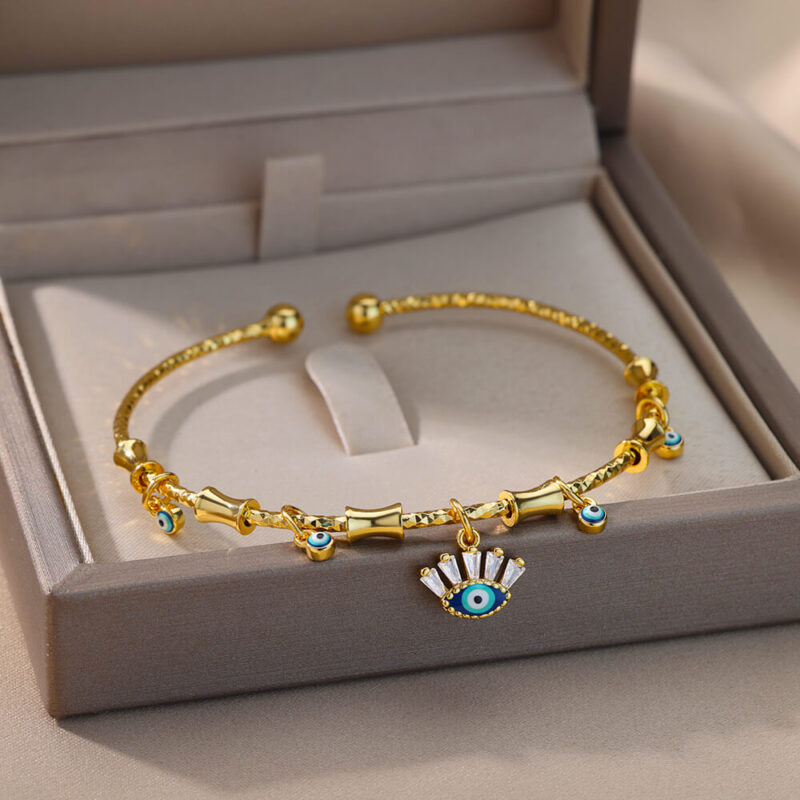 Gold Evil Eye & Fatima Hand Adjustable Cuff Bracelet – Turkish Luxury Jewelry - Image 5