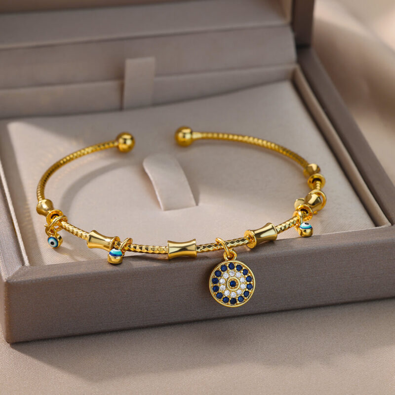 Gold Evil Eye & Fatima Hand Adjustable Cuff Bracelet – Turkish Luxury Jewelry - Image 6