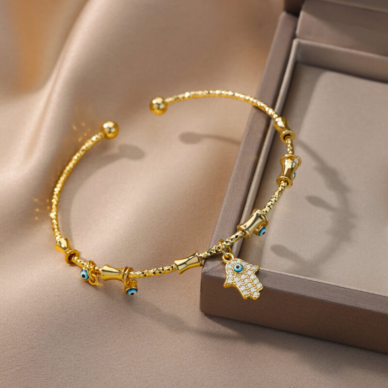 Gold Evil Eye & Fatima Hand Adjustable Cuff Bracelet – Turkish Luxury Jewelry - Image 4