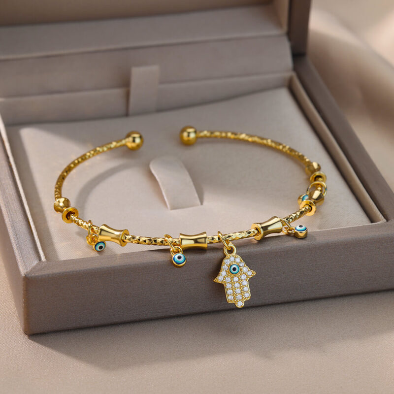 Gold Evil Eye & Fatima Hand Adjustable Cuff Bracelet – Turkish Luxury Jewelry