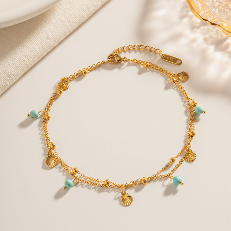 Double Layer Shell & Stone Anklet with Tassel – Waterproof Beach Jewelry - Image 4