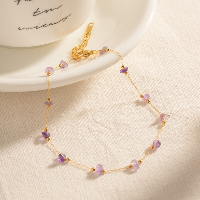 Boho Natural Stone Anklet – Purple Gravel Stainless Steel Beach Jewelry - Image 5