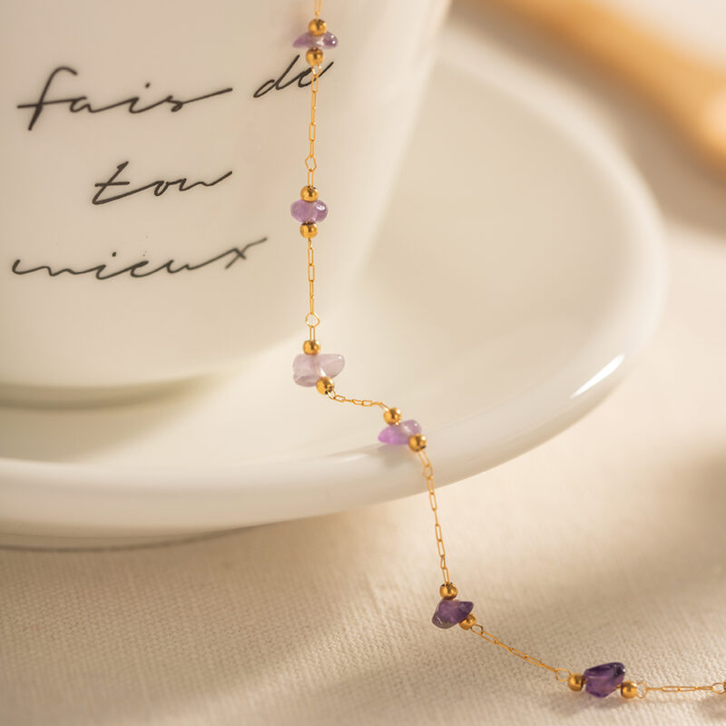 Boho Natural Stone Anklet – Purple Gravel Stainless Steel Beach Jewelry - Image 7