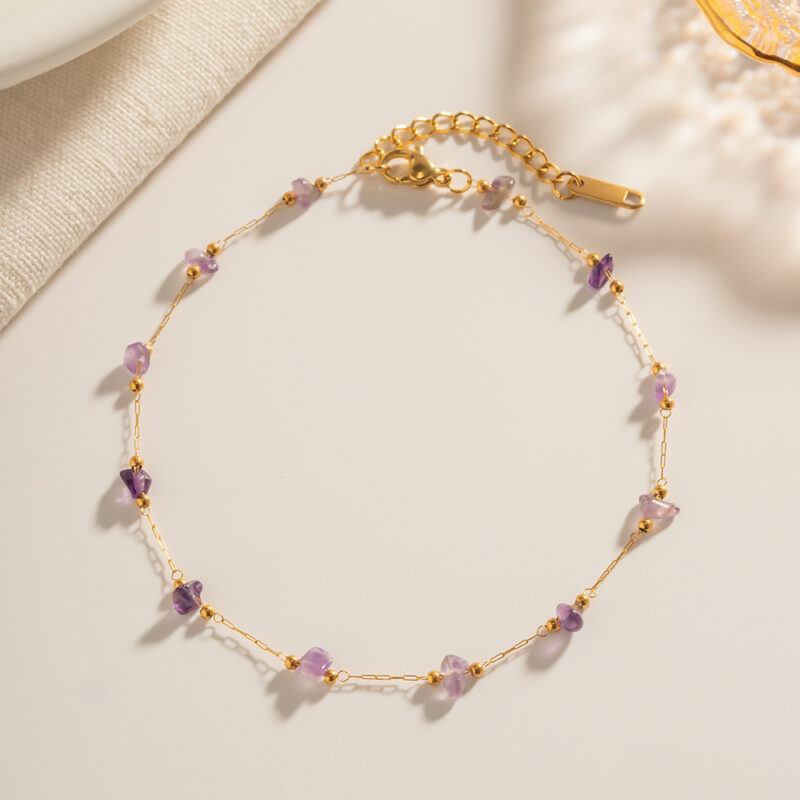 Boho Natural Stone Anklet – Purple Gravel Stainless Steel Beach Jewelry - Image 4