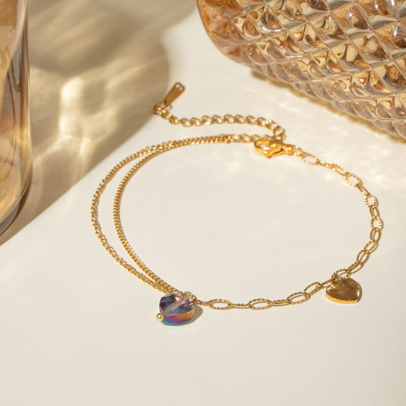 Stainless Steel Purple Heart Anklet – Double Chain 18K Gold Plated - Image 3