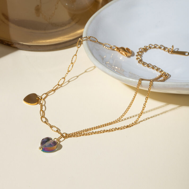 Stainless Steel Purple Heart Anklet – Double Chain 18K Gold Plated