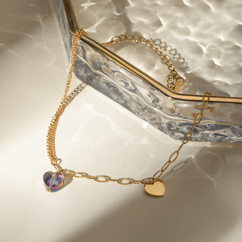Stainless Steel Purple Heart Anklet – Double Chain 18K Gold Plated - Image 4