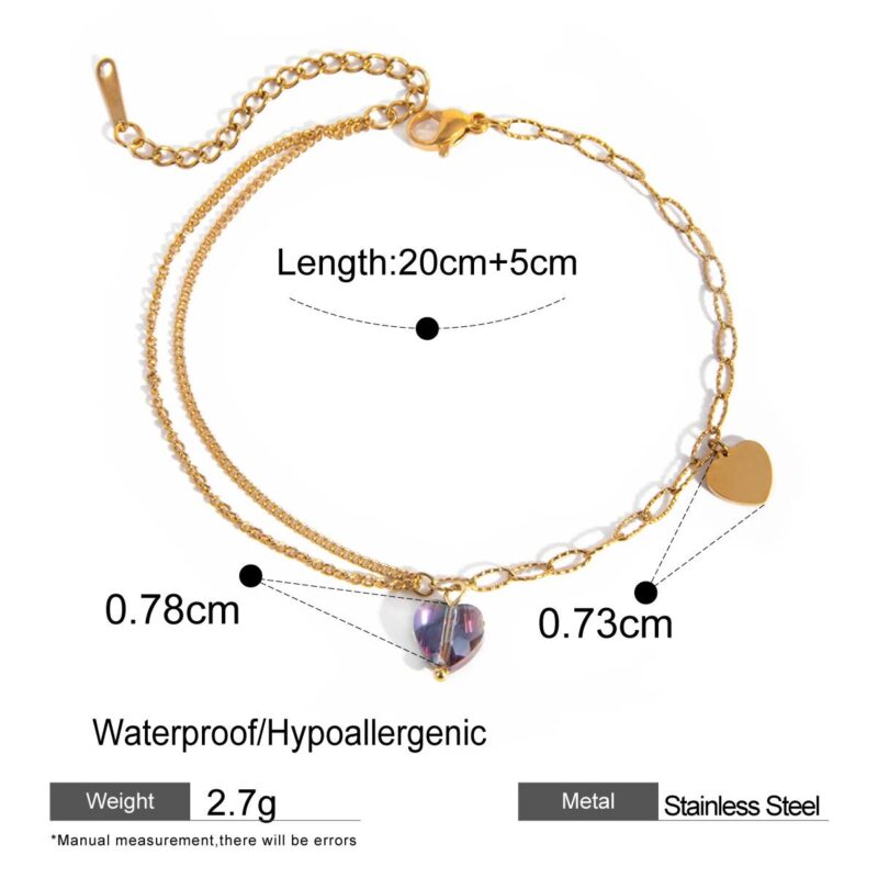 Stainless Steel Purple Heart Anklet – Double Chain 18K Gold Plated - Image 6