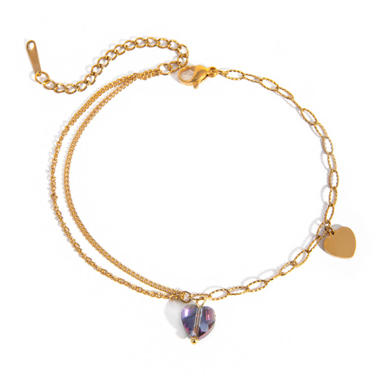 Stainless Steel Purple Heart Anklet – Double Chain 18K Gold Plated - Image 5