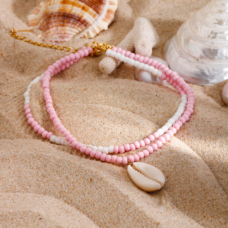 Boho Shell & Pink Beaded Anklet with 18K Gold Plated Stainless Steel - Image 5