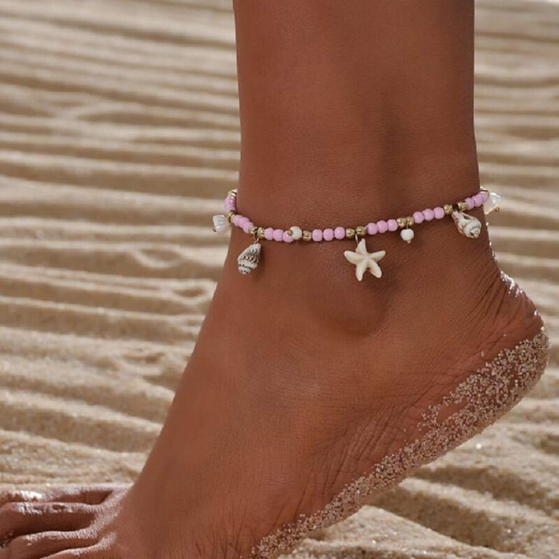 Boho Shell & Pink Beaded Anklet with 18K Gold Plated Stainless Steel
