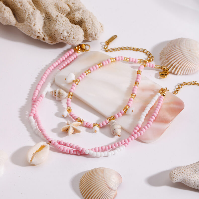 Boho Shell & Pink Beaded Anklet with 18K Gold Plated Stainless Steel - Image 3