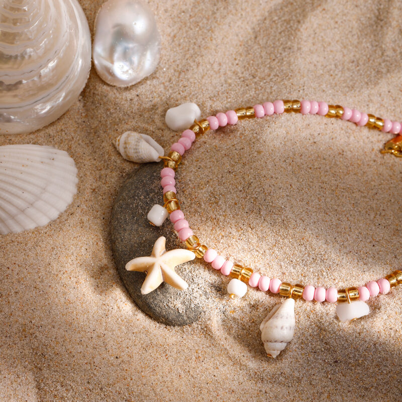 Boho Shell & Pink Beaded Anklet with 18K Gold Plated Stainless Steel - Image 4