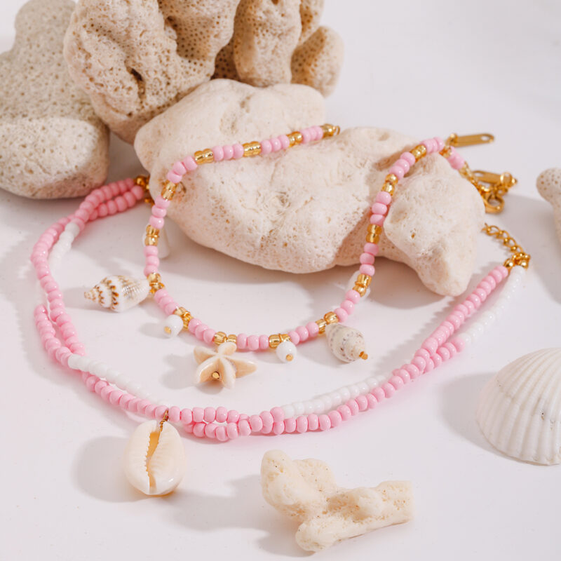Boho Shell & Pink Beaded Anklet with 18K Gold Plated Stainless Steel - Image 2