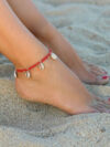Boho Red Bead & Shell Double Layer Gold Anklet – Waterproof Stainless Steel
