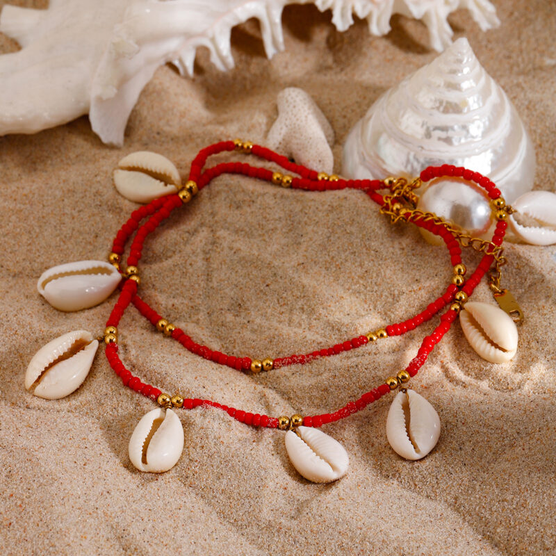 Boho Red Bead & Shell Double Layer Gold Anklet – Waterproof Stainless Steel - Image 2