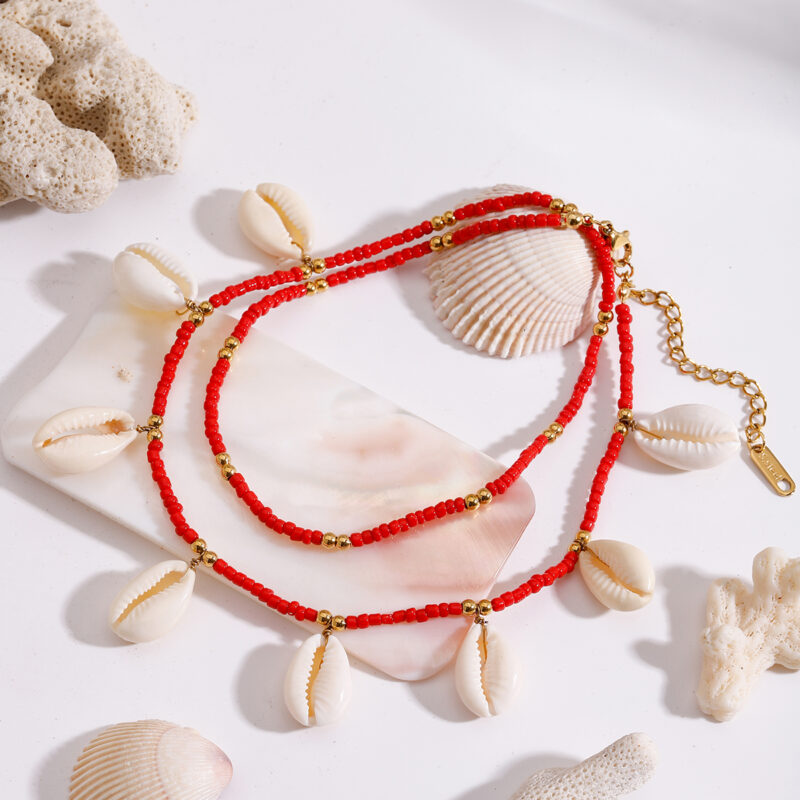Boho Red Bead & Shell Double Layer Gold Anklet – Waterproof Stainless Steel - Image 4