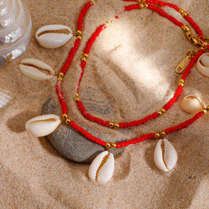 Boho Red Bead & Shell Double Layer Gold Anklet – Waterproof Stainless Steel - Image 3