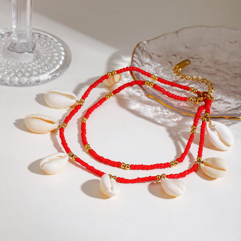 Boho Red Bead & Shell Double Layer Gold Anklet – Waterproof Stainless Steel - Image 6