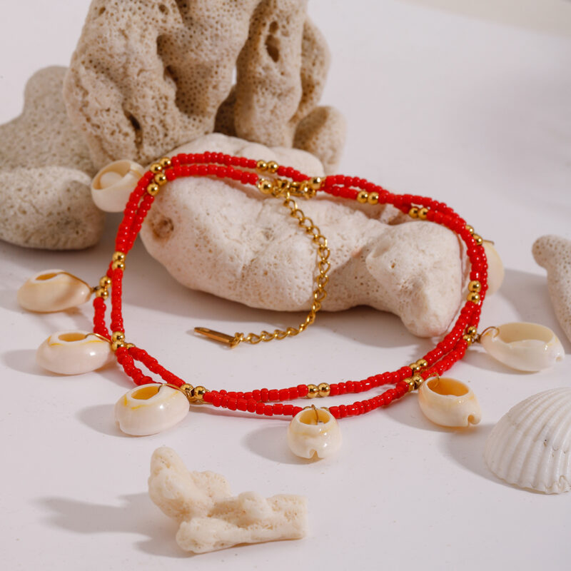 Boho Red Bead & Shell Double Layer Gold Anklet – Waterproof Stainless Steel - Image 5