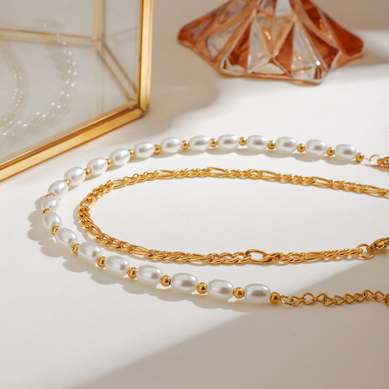 Elegant Double Layer Pearl & Figaro Chain Anklet Set – 18K Gold Plated - Image 4