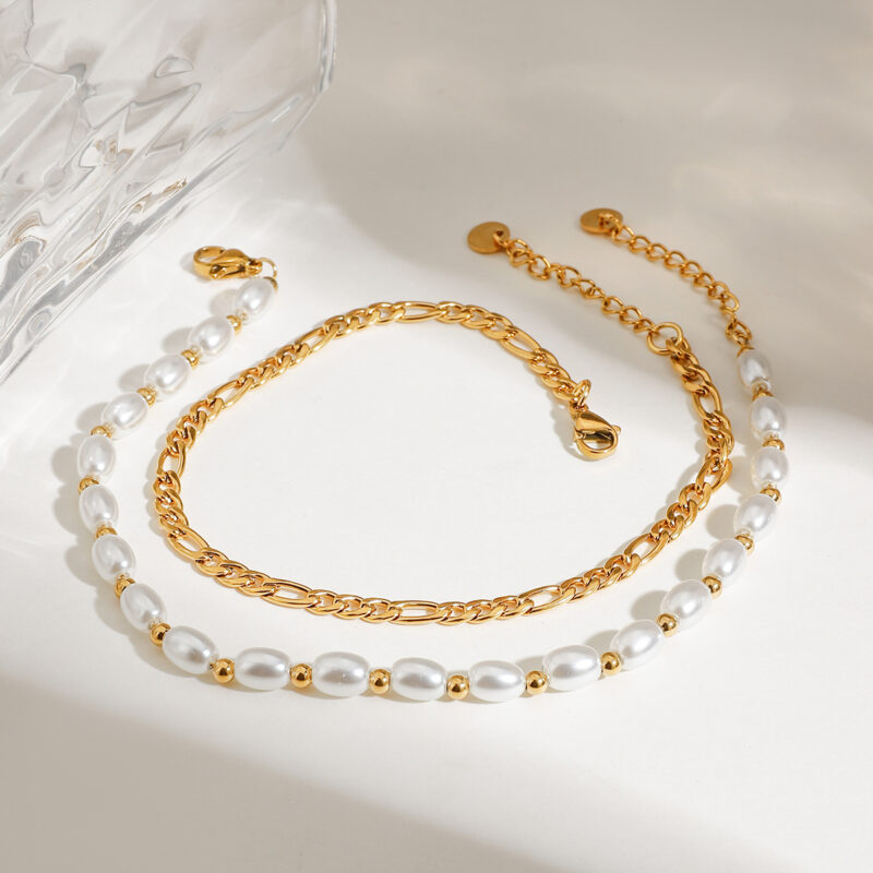 Elegant Double Layer Pearl & Figaro Chain Anklet Set – 18K Gold Plated - Image 2
