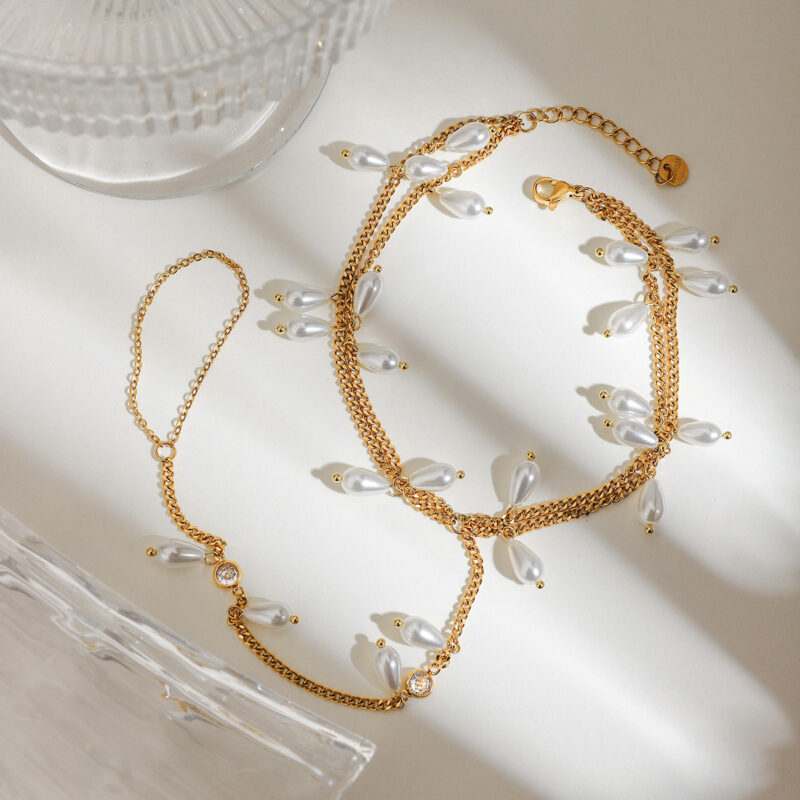 18K Gold Double-Layered Pearl Mitten Anklet – Trendy Waterproof Jewelry - Image 5