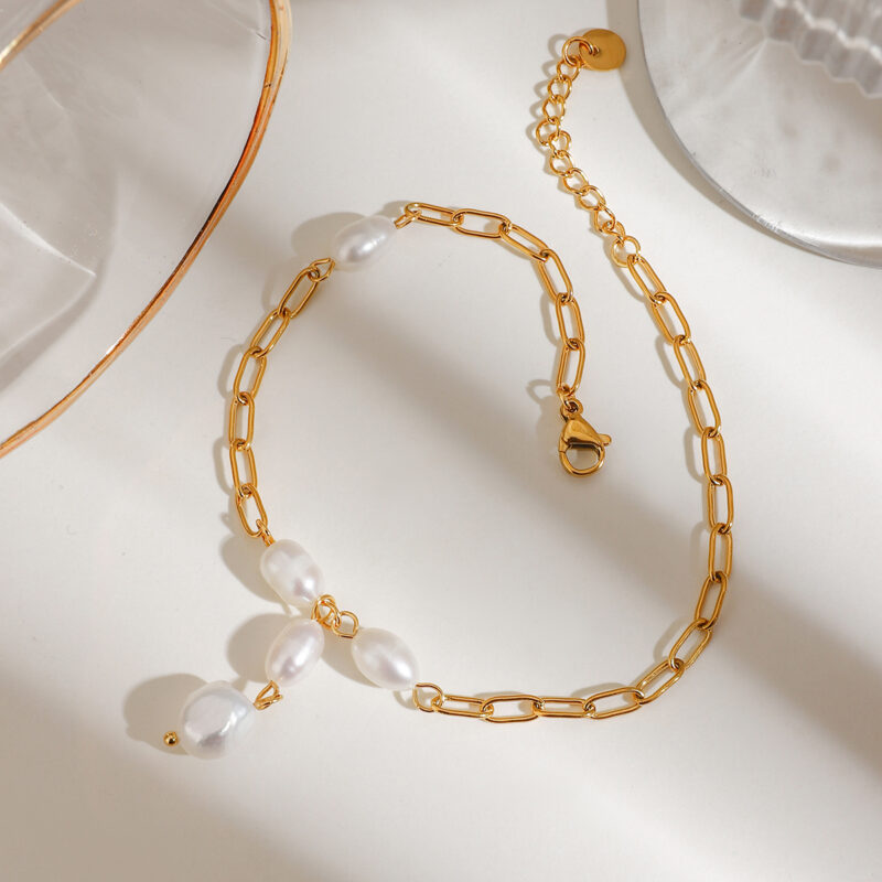 Boho 18K Gold Plated Pearl Anklet – Y-Shaped Waterproof Paperclip Chain - Image 4